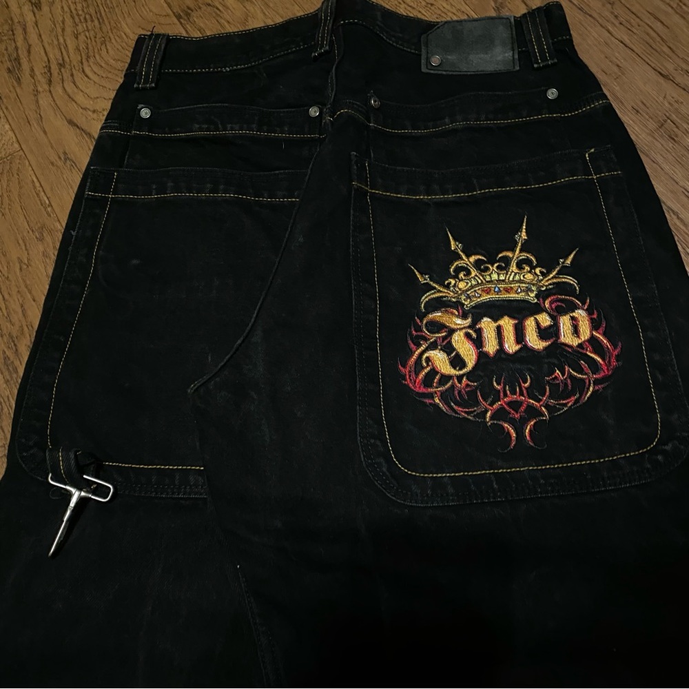 vintage 90s wide leg black jnco jeans red embroidered crown patch 34x34